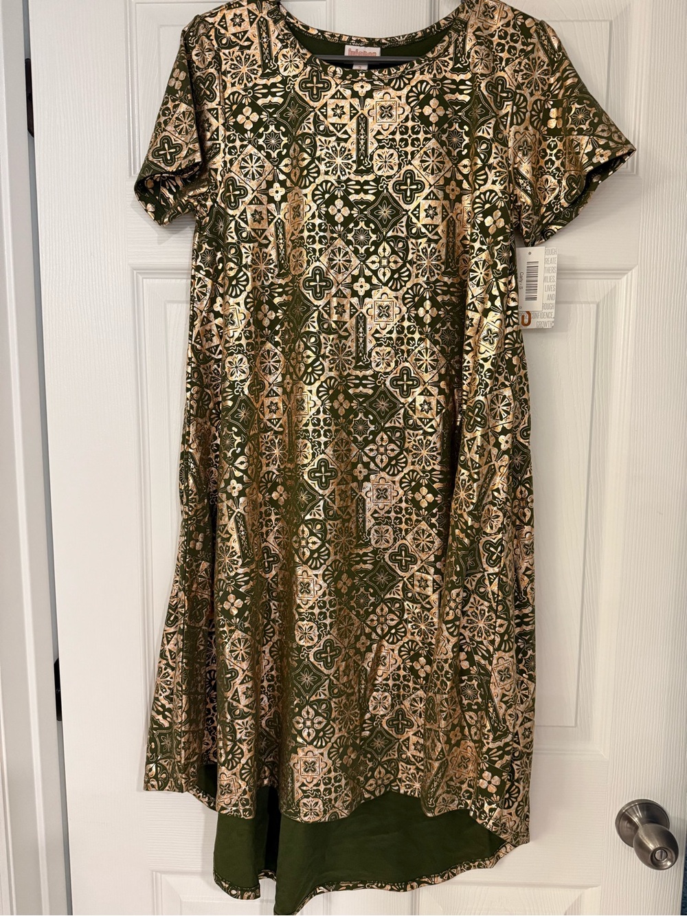 LuLaRoe Olive Green and Gold Geometric Short-Sleeve Dress